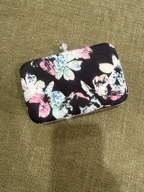 Floral Black Satin Evening Clutch - Pink & Blue Accent